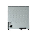 Underside base panel of black gas range with mounting points and vented metal surface.