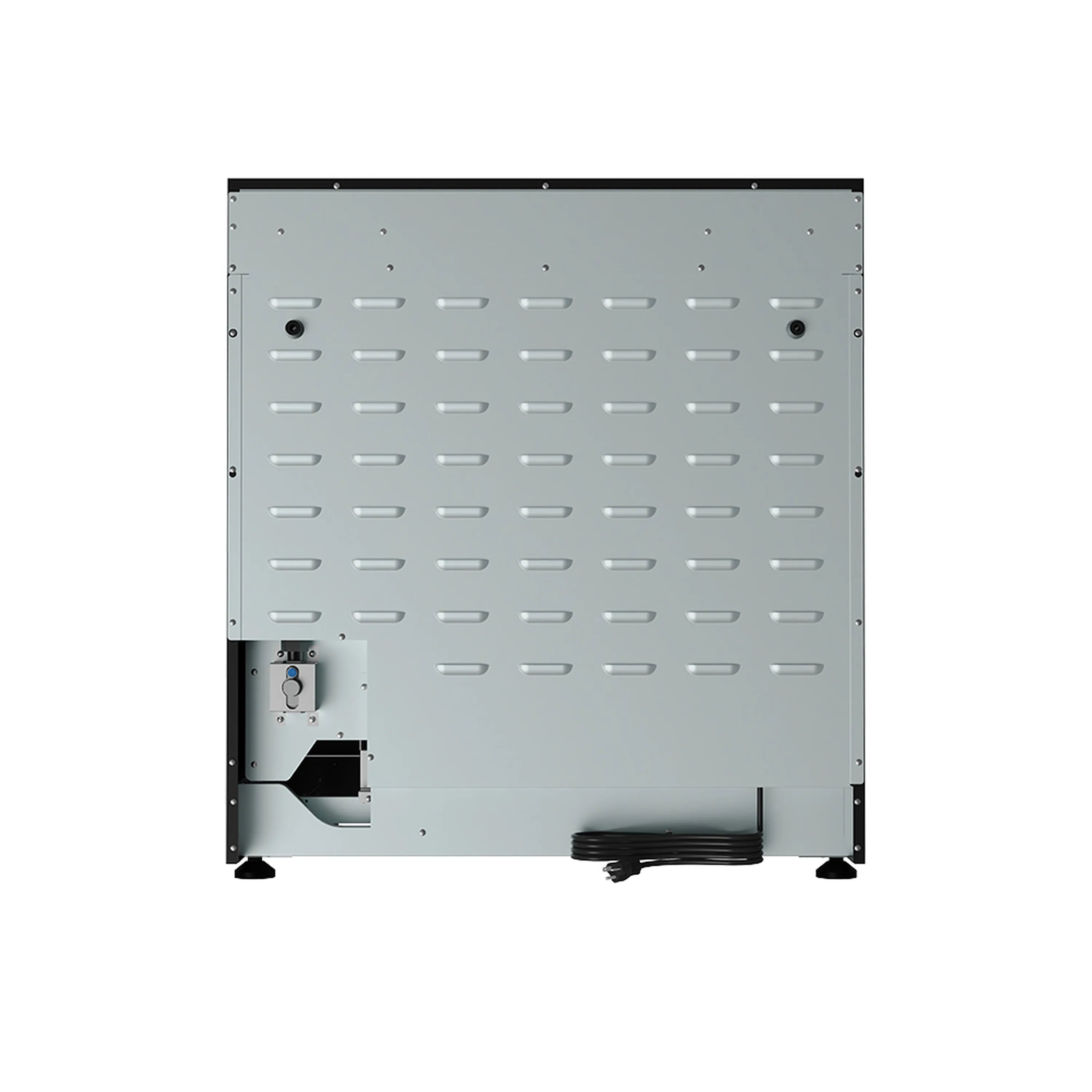 Black gas range back panel with metal vent and control knob ports, rose-gold accents