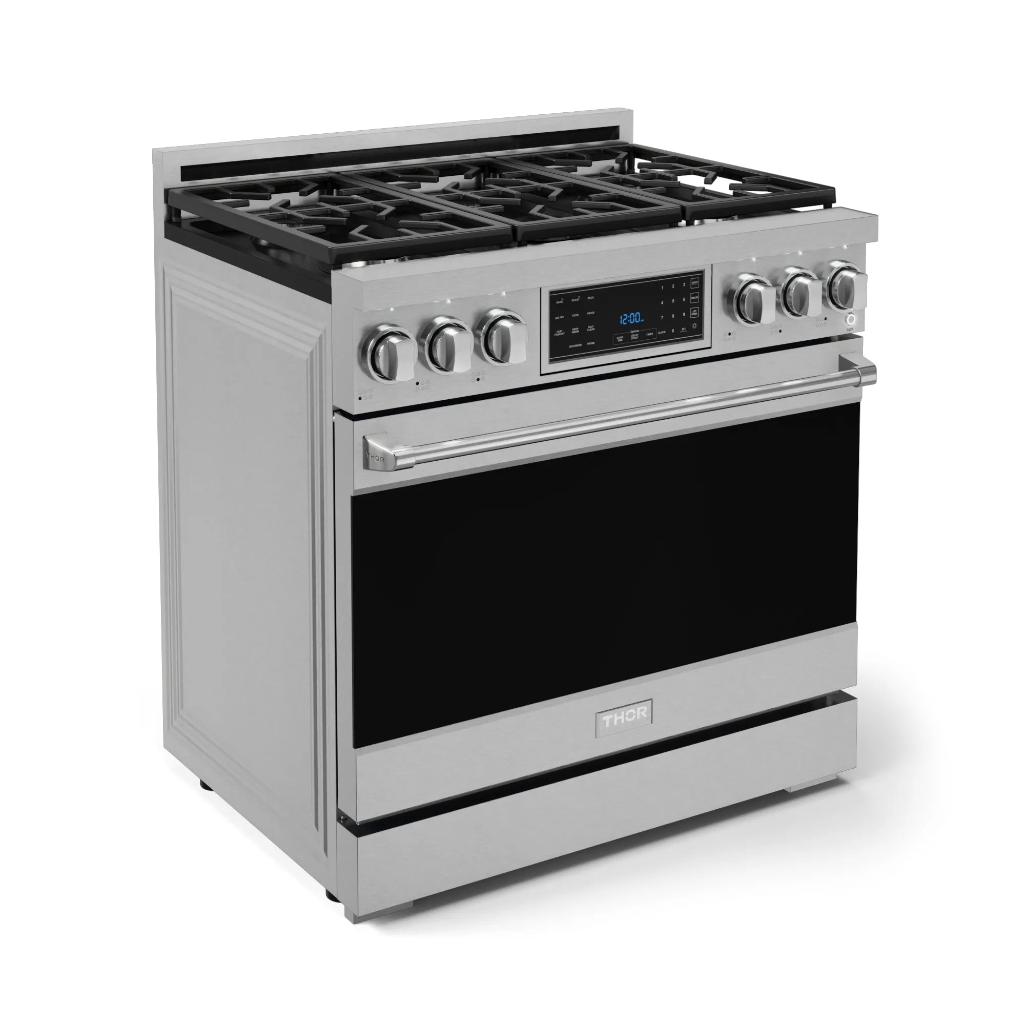 Stainless steel professional propane gas range with control panel and oven door closed