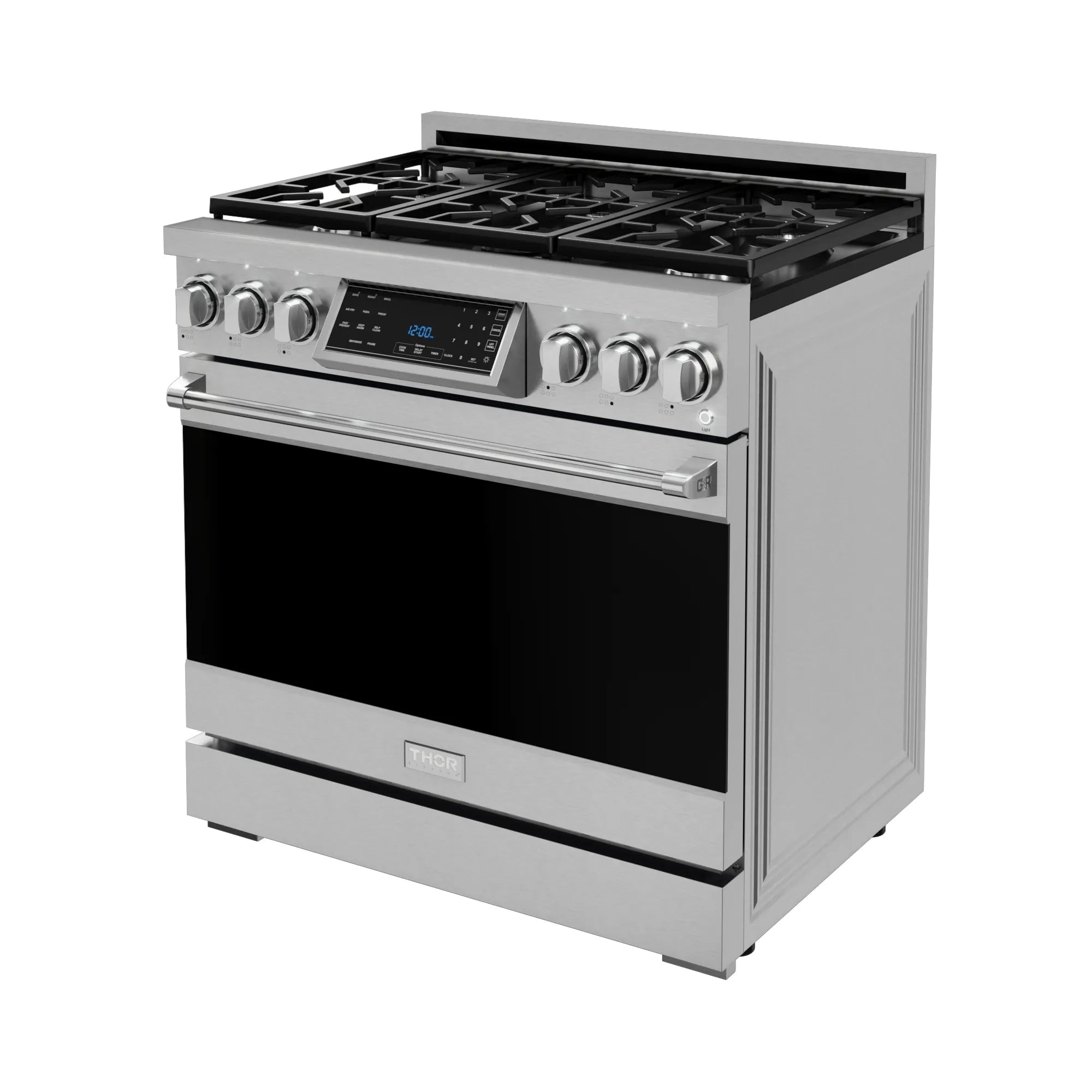 Stainless steel gas range with open oven door and four front control knobs