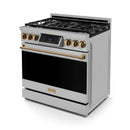 Stainless steel gas range with bronze knobs, black cooktop, and touch control panel