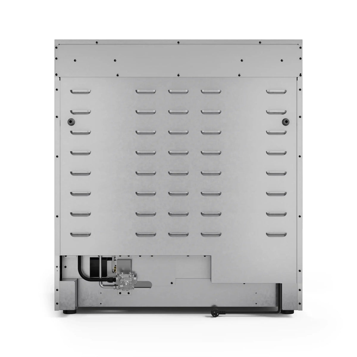 Stainless steel rear service panel with vented openings for appliance