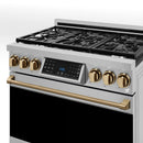 Stainless steel gas range with bronze control knobs, black cooktop, and digital display