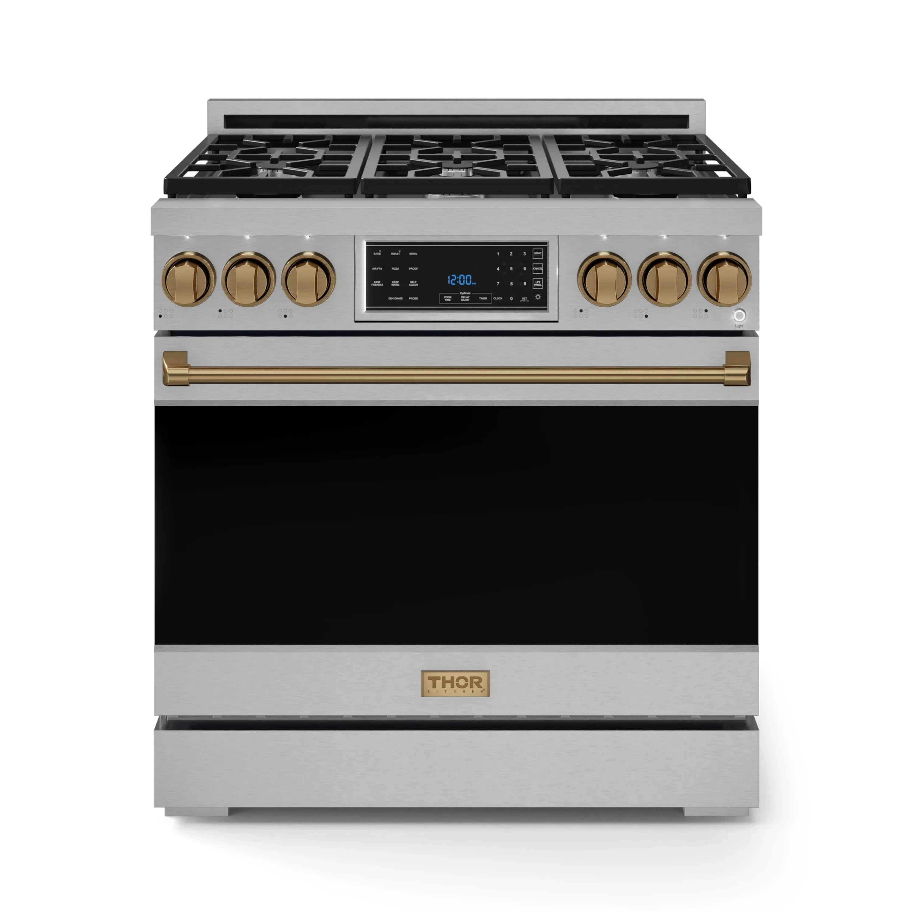 Stainless steel gas range with bronze control knobs and matching trim