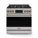 Stainless gas range front view with black burner grates, bronze knobs, and touch control