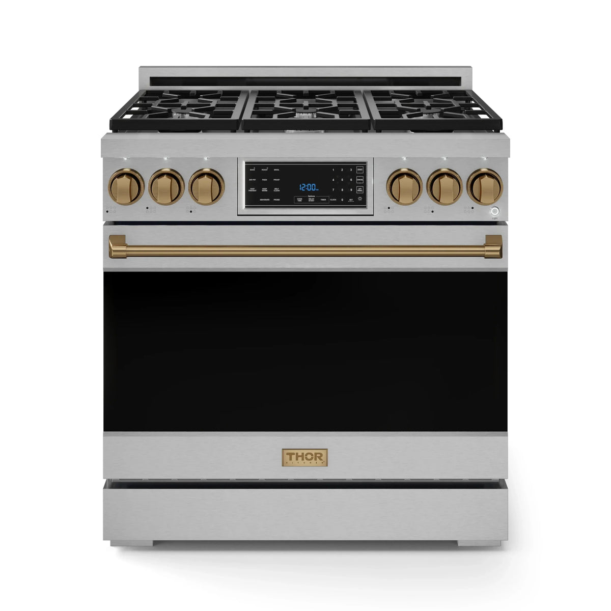Stainless steel propane gas range with black grates, bronze knobs, and front handle