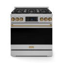 Gordon Ramsay by Thor Kitchen 3-Piece Appliance Package - 36-Inch Propane Gas Range, Tilt Panel, 36-Inch Refrigerator, and Dishwasher in Stainless Steel with Bronze Trim