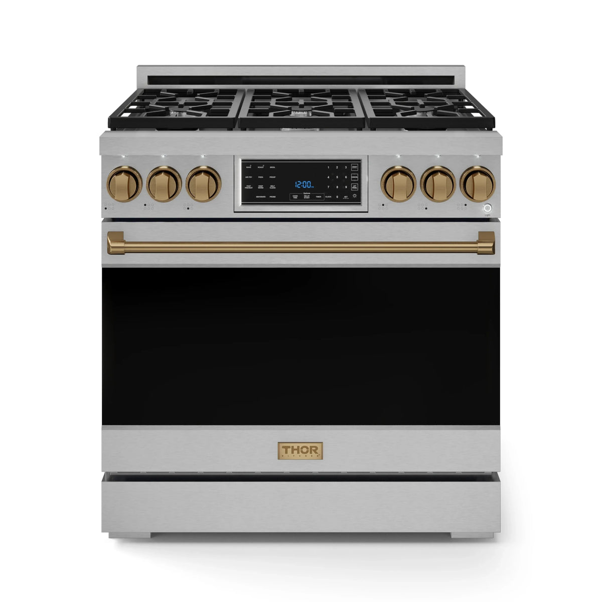 Stainless steel 36-inch gas range with bronze knobs and tilt-style control panel