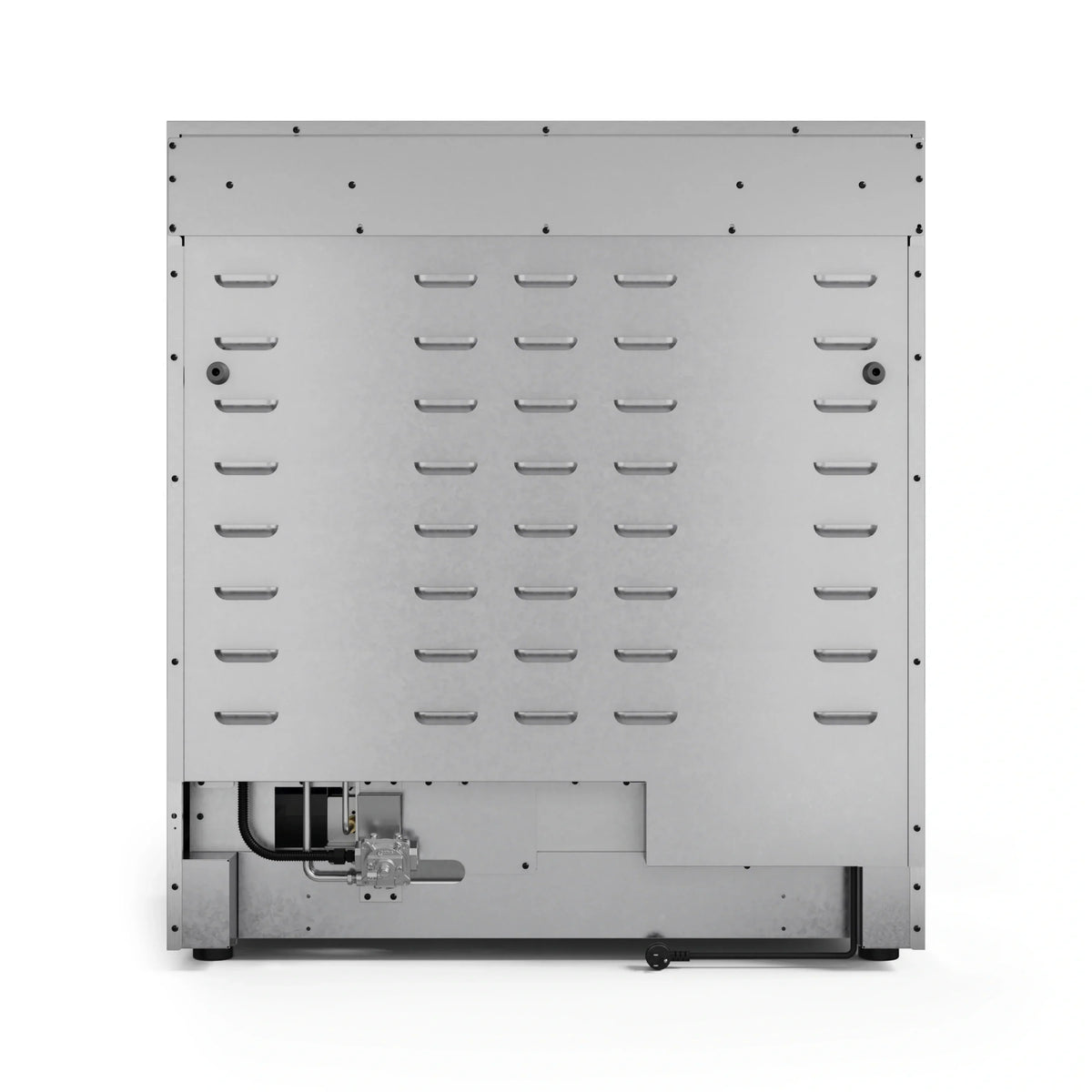 Stainless steel range underside panel with vents, slots, and mounting points