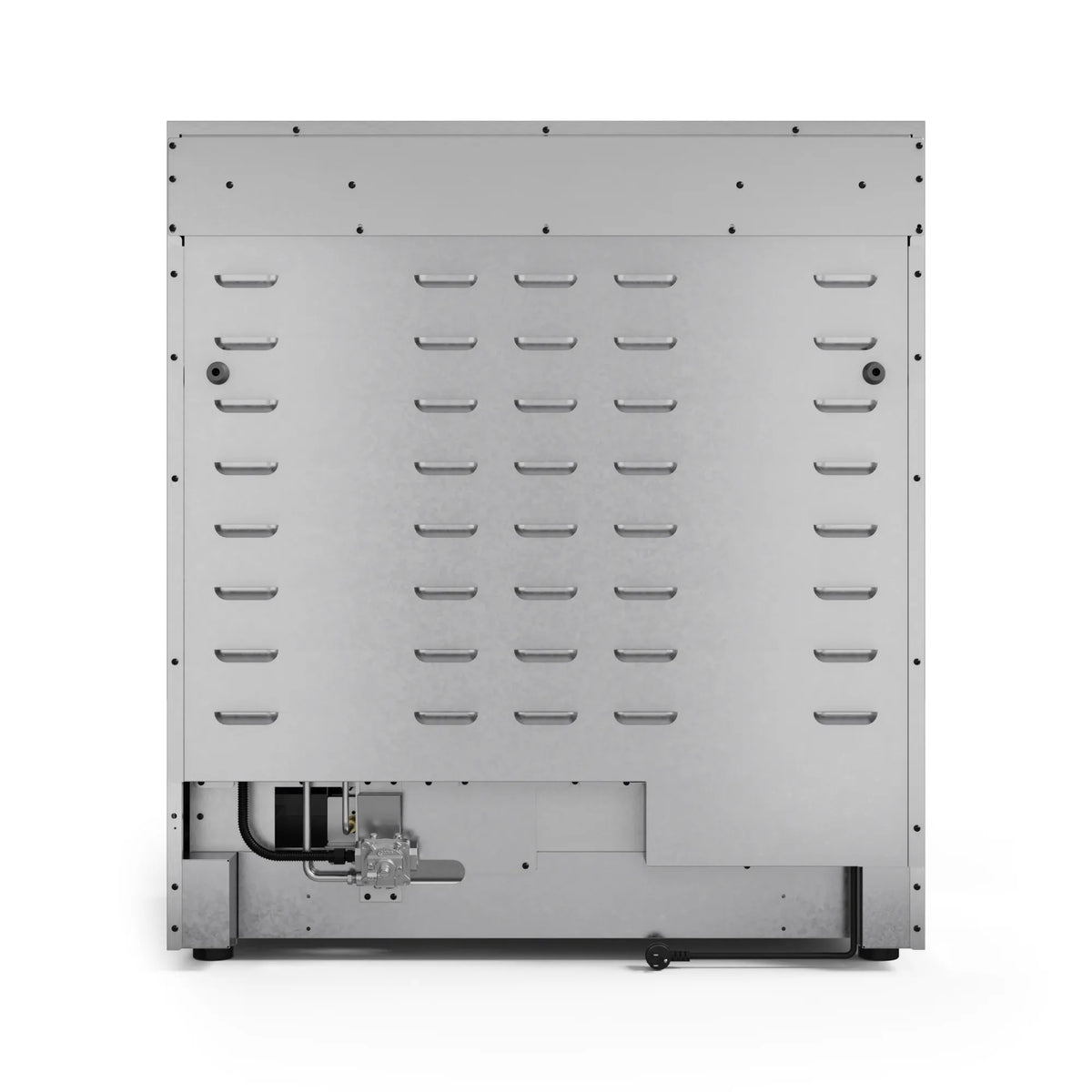 Gas range rear service panel with metal cover and vented mounting hardware