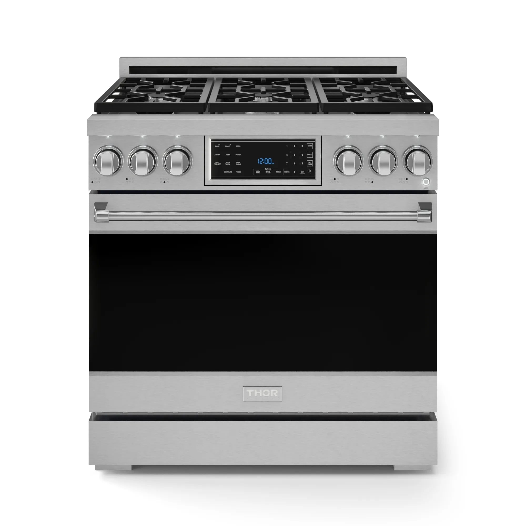 Stainless steel 36-inch propane gas range with black glass oven door and control panel