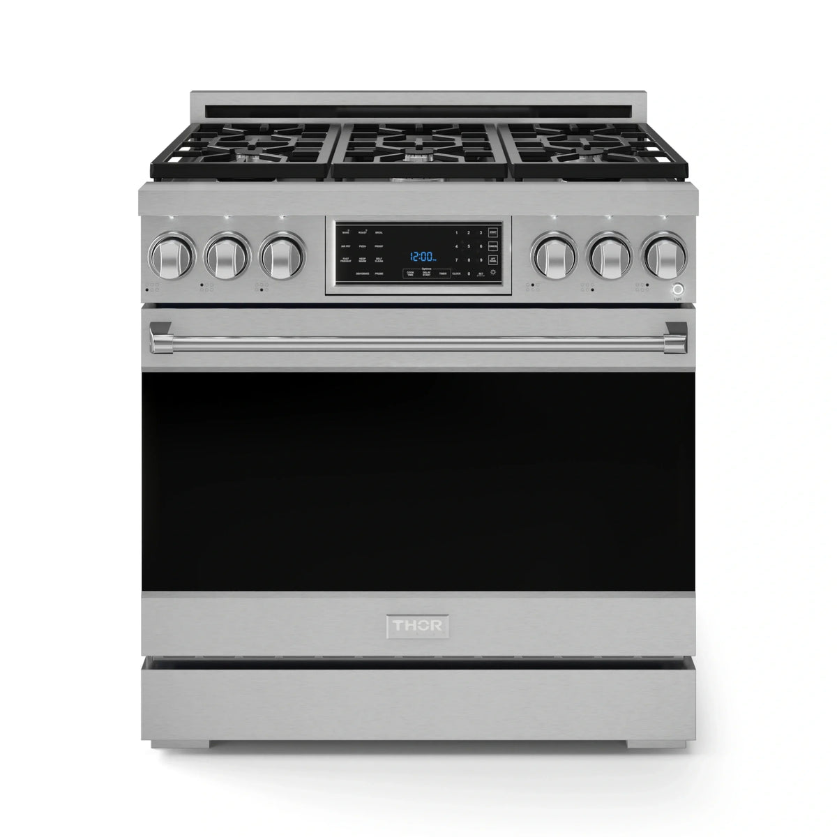 Stainless steel 36-inch propane gas range with black glass oven door