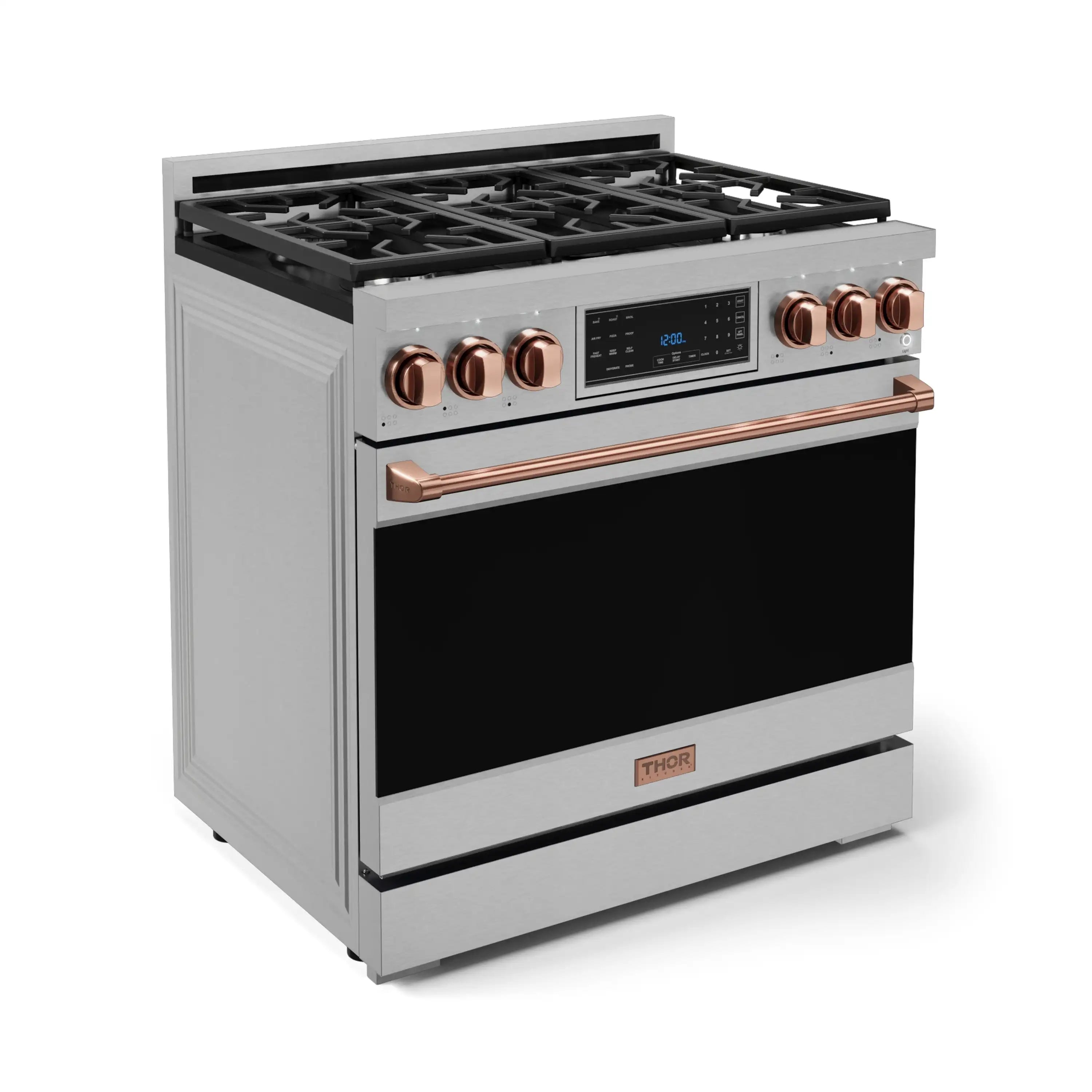 Stainless gas range with black burner grates and rose-gold control knobs, angled front