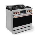 Stainless gas range with black burner grates and rose-gold control knobs, angled front