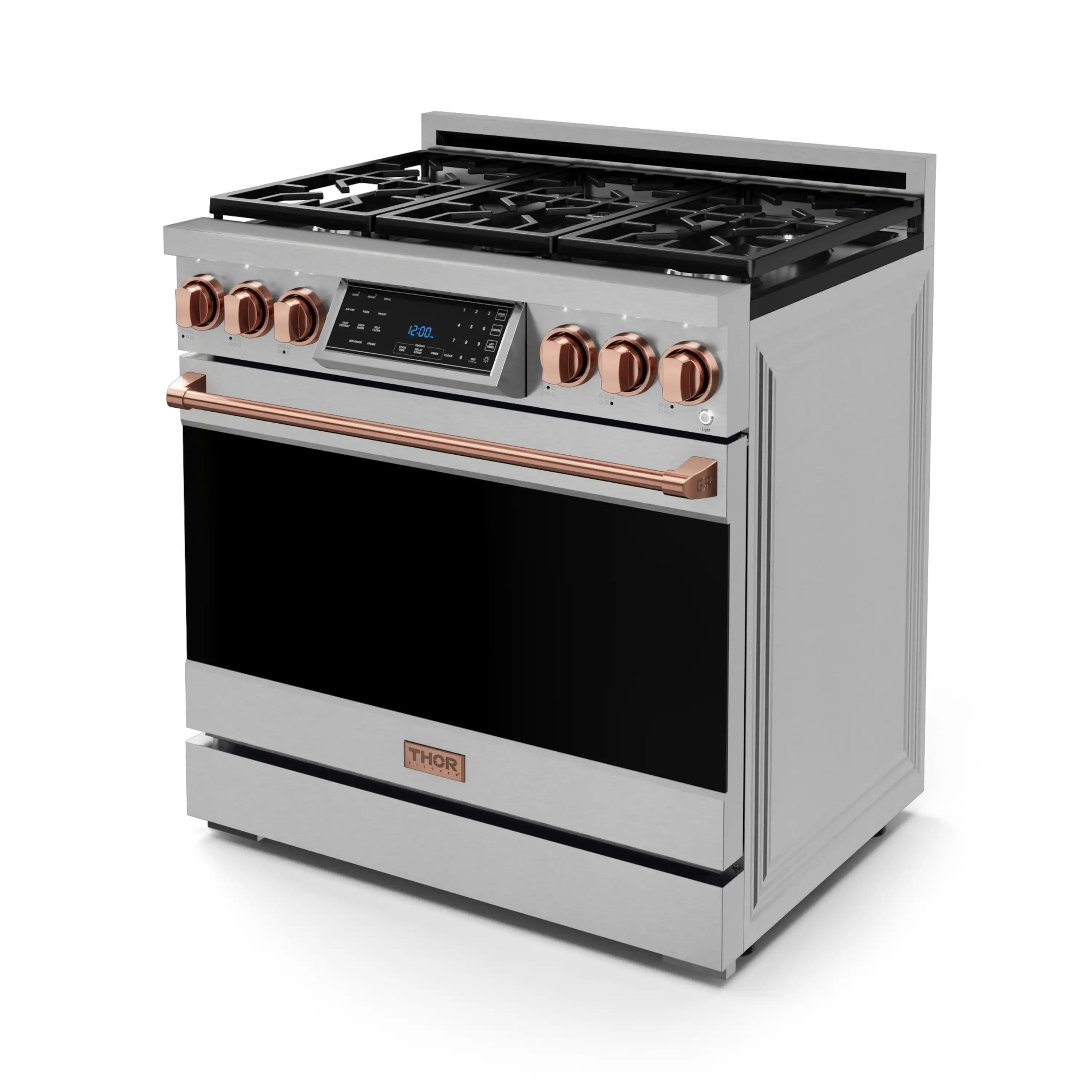 Stainless gas range with rose-gold knobs and copper-toned oven handle, front 3/4 view