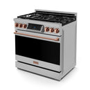 Stainless gas range with rose-gold knobs and copper-toned oven handle, front 3/4 view