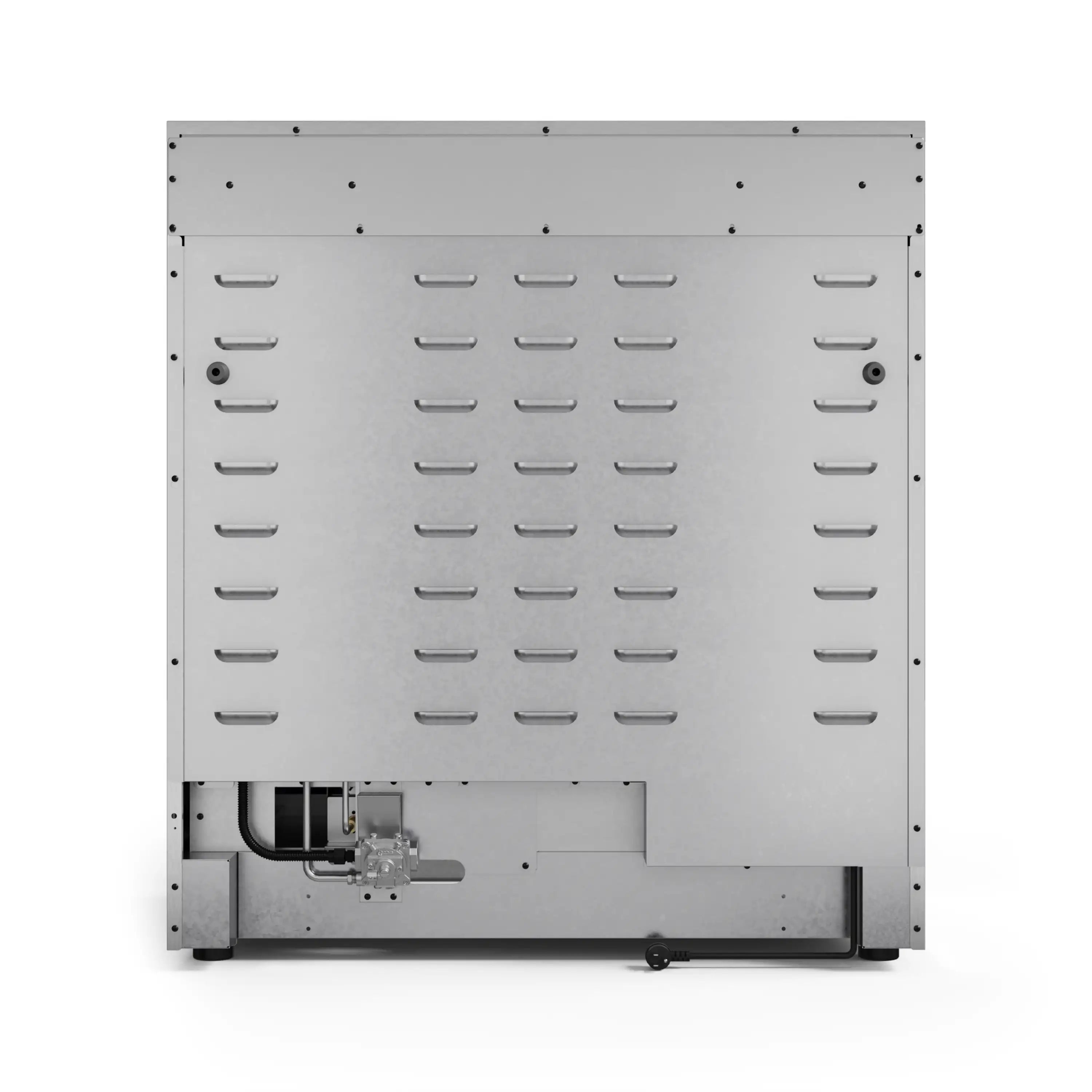Gas range rear oven cavity base panel with vented metal cover, underside view