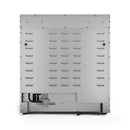 Gas range rear oven cavity base panel with vented metal cover, underside view