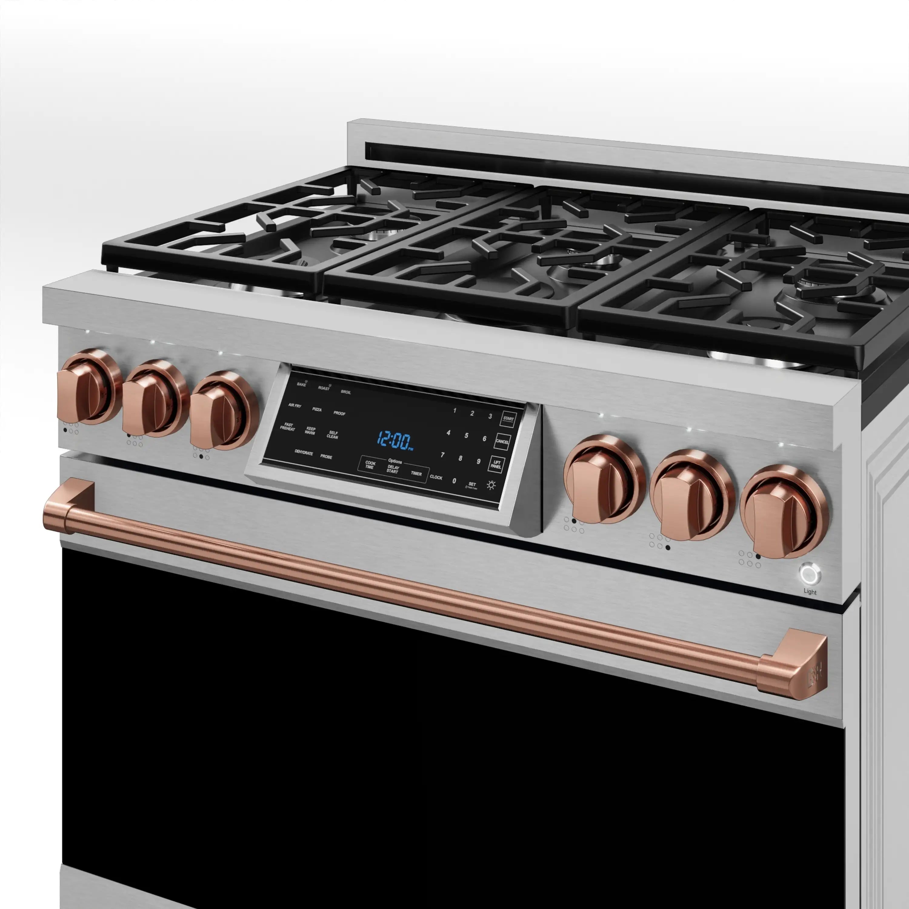 Stainless gas range with rose-gold control knobs and copper-toned oven handle, close-up