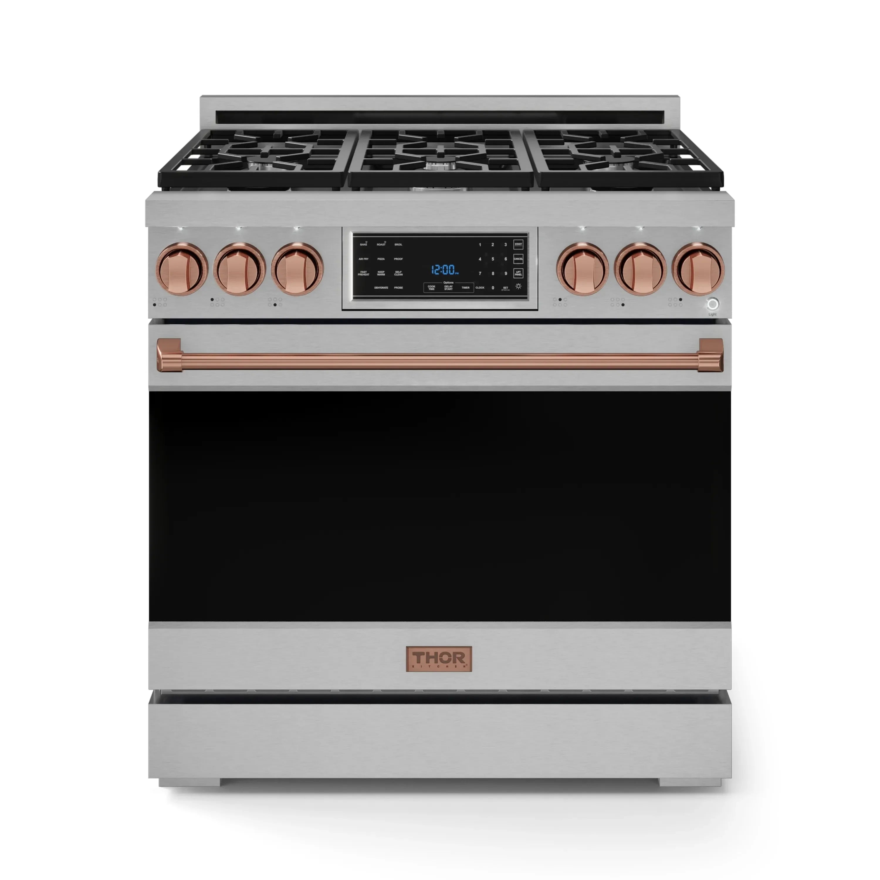 Stainless steel gas range with black grates, rose-gold knobs, and tilt panel