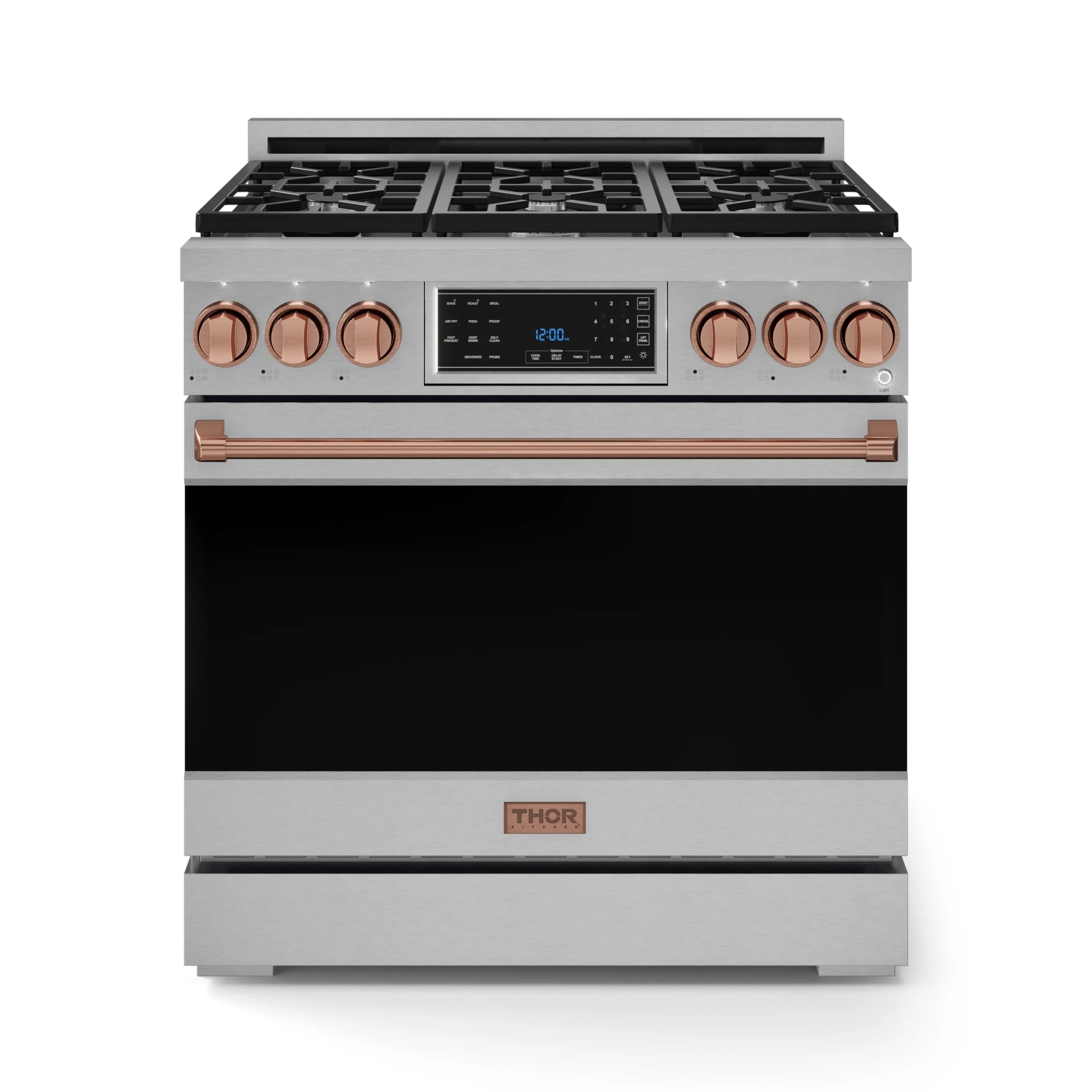 Stainless steel gas range with black grates, copper/rose gold control knobs and bar handle