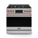 Stainless gas range with rose-gold knobs and oven handle, front view with cooktop