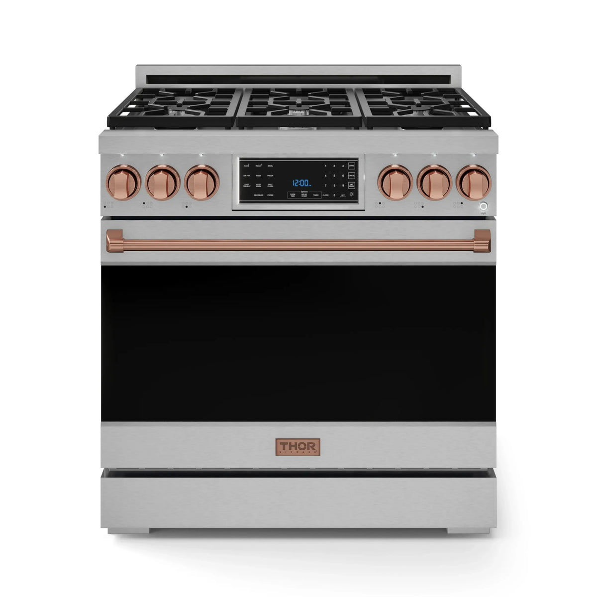 Stainless steel propane gas range with rose gold trim, knobs, and black glass cooktop