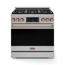Gordon Ramsay by Thor Kitchen 3-Piece Appliance Package - 36-Inch Propane Gas Range, Tilt Panel, 36-Inch Refrigerator, and Dishwasher in Stainless Steel with Rose Gold Trim