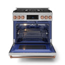 Stainless gas range with open oven door showing racks, rose-gold handle and knobs