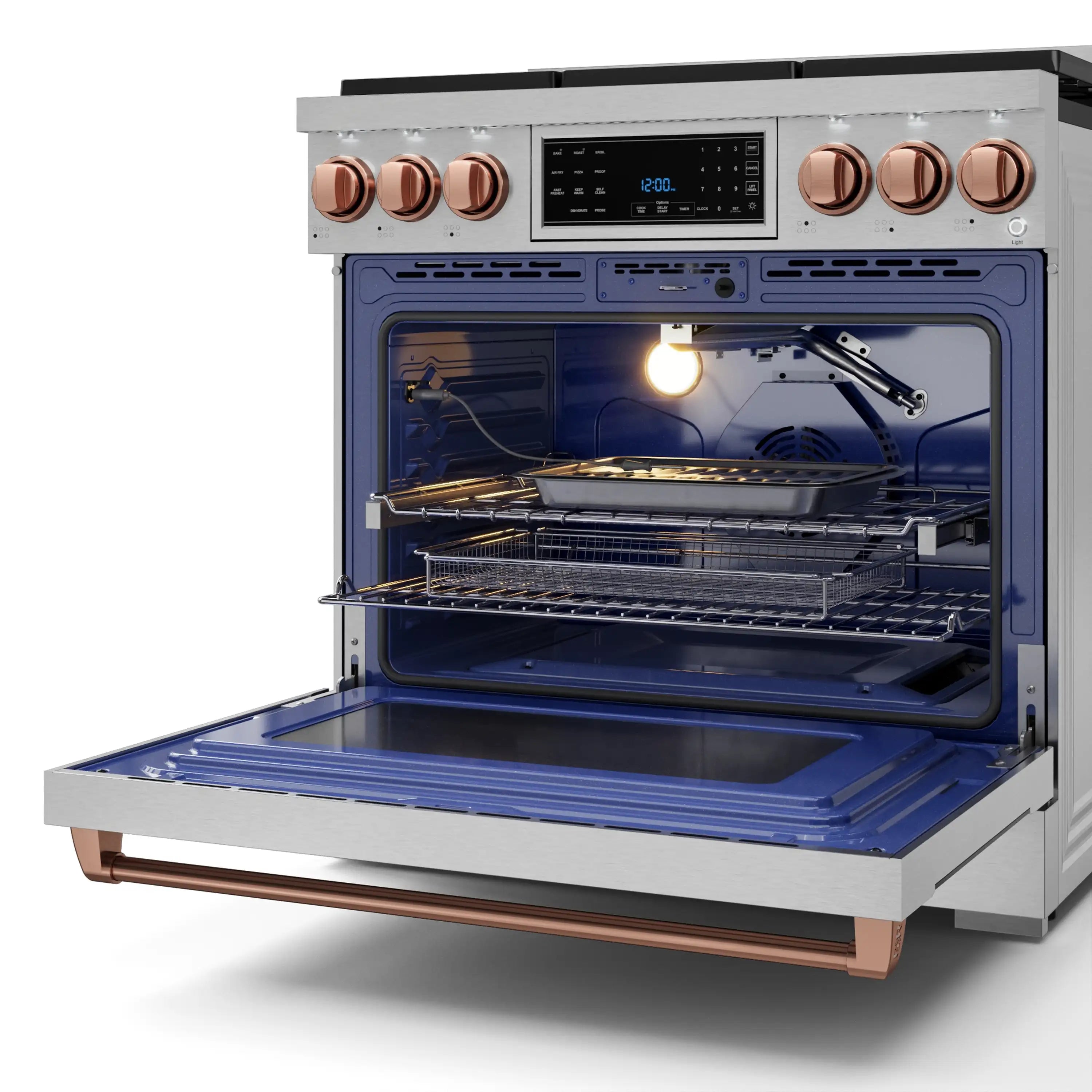 36-inch stainless gas range with open self-clean oven, rose gold knobs and display