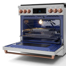 36-inch stainless gas range with open self-clean oven, rose gold knobs and display