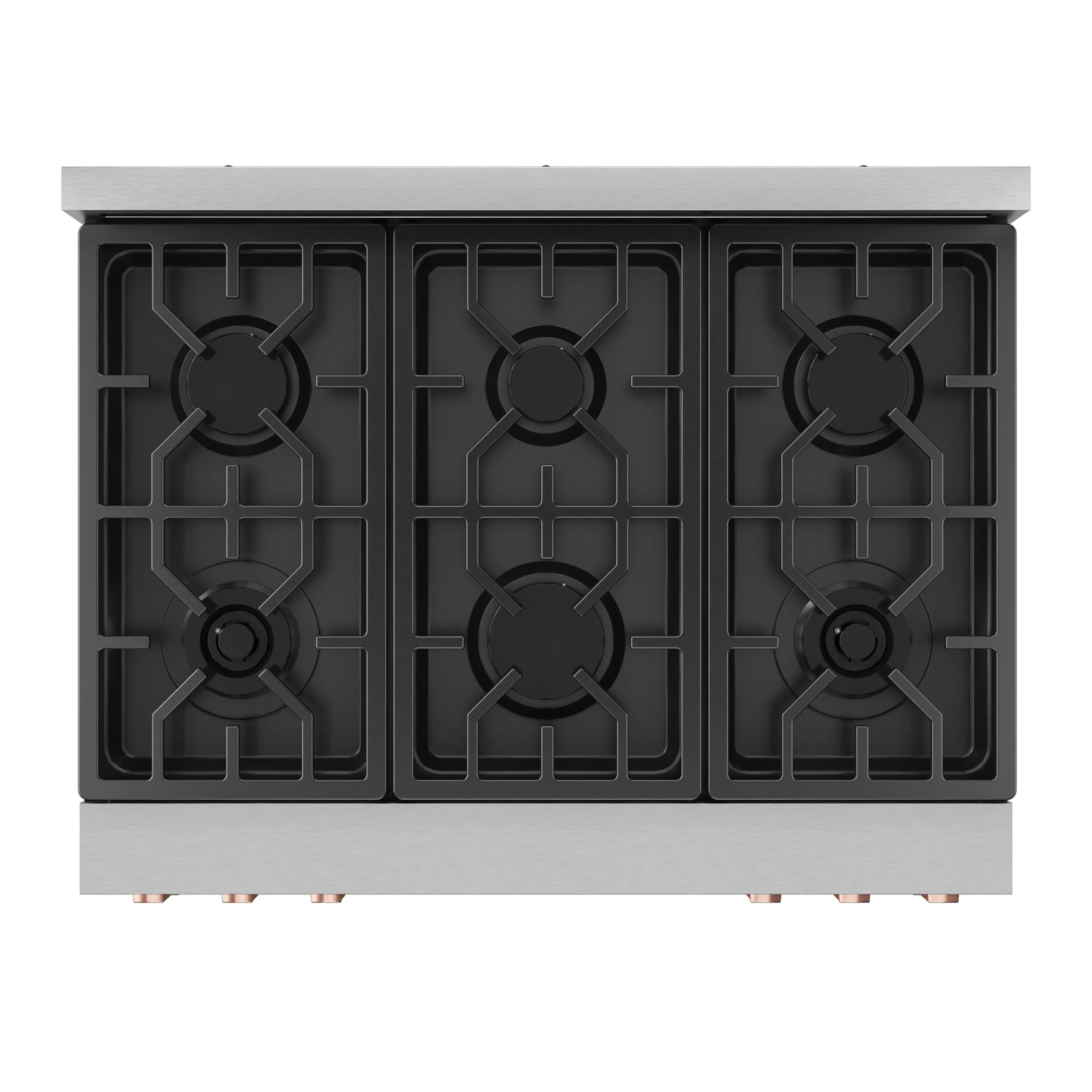 36-inch gas range with three-burner black grates on stainless cooktop
