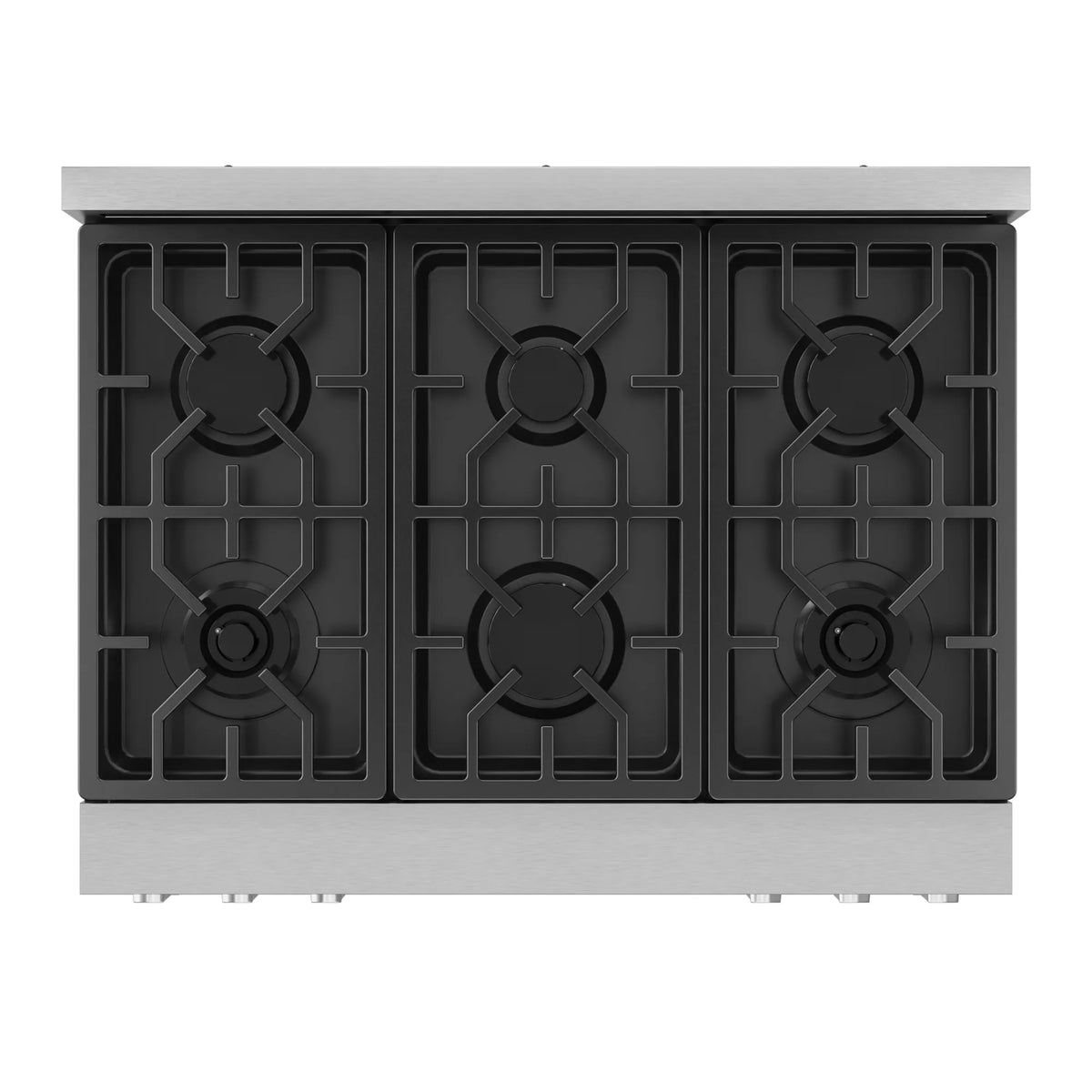 Stainless steel gas range with six burner grates and black control panel trim