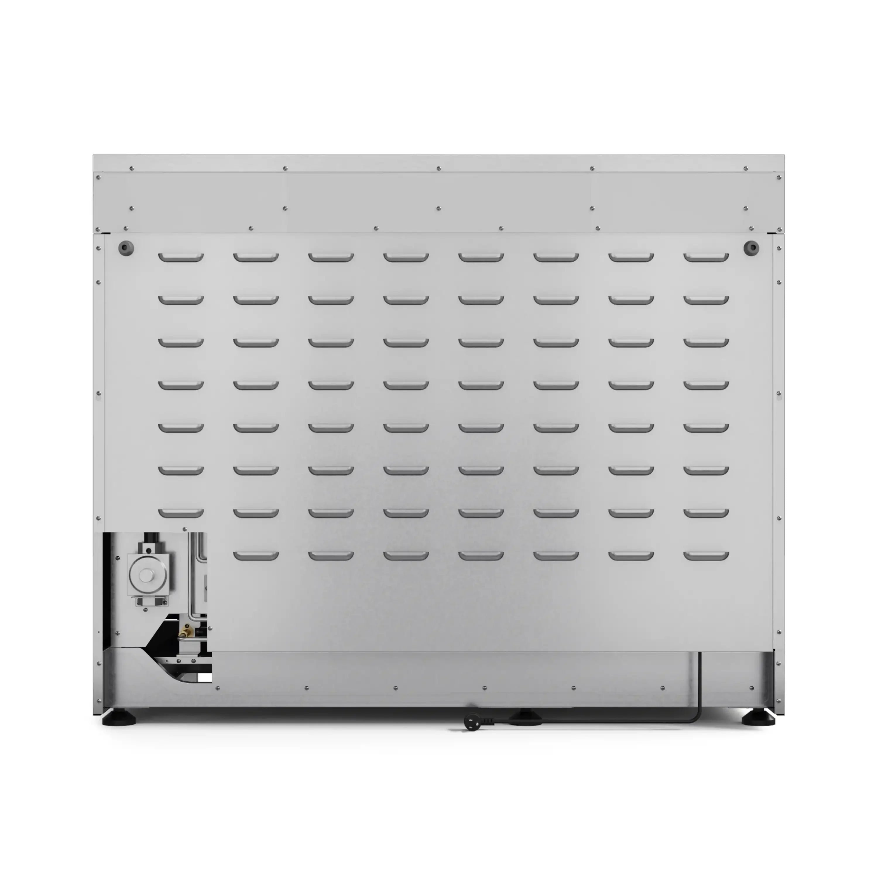 Stainless steel gas range back panel with burner ignition and multiple ports