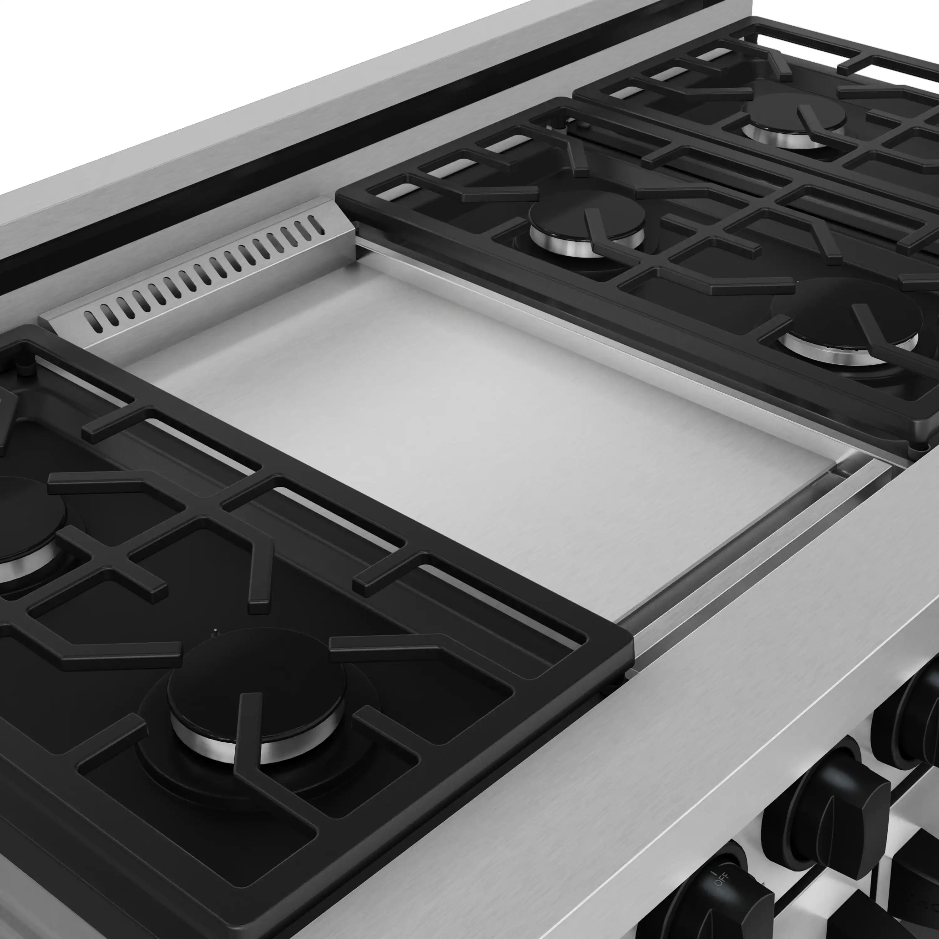 Stainless gas range cooktop with black burner grates and open burner area