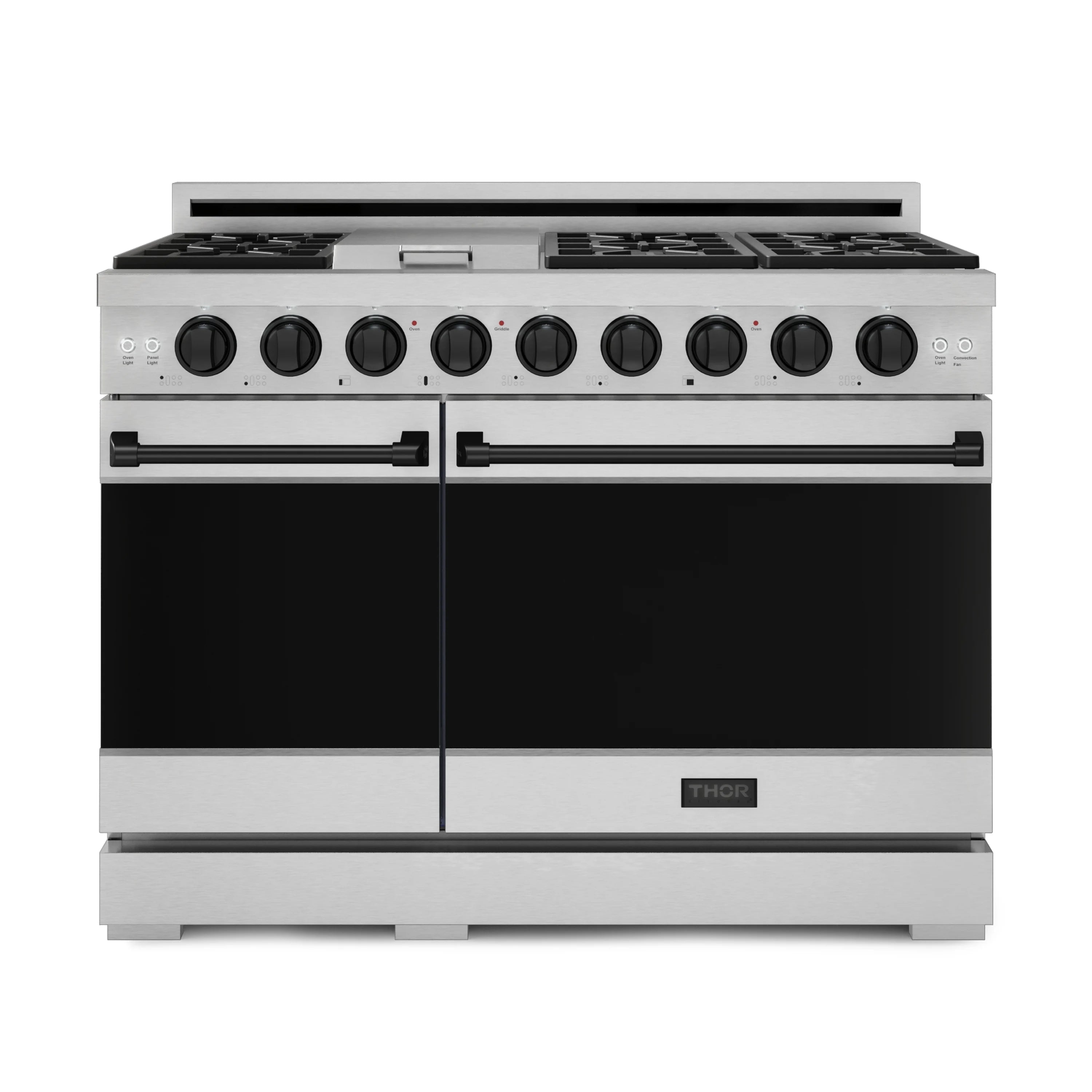 Stainless gas range with black oven doors and pro-style black control knobs