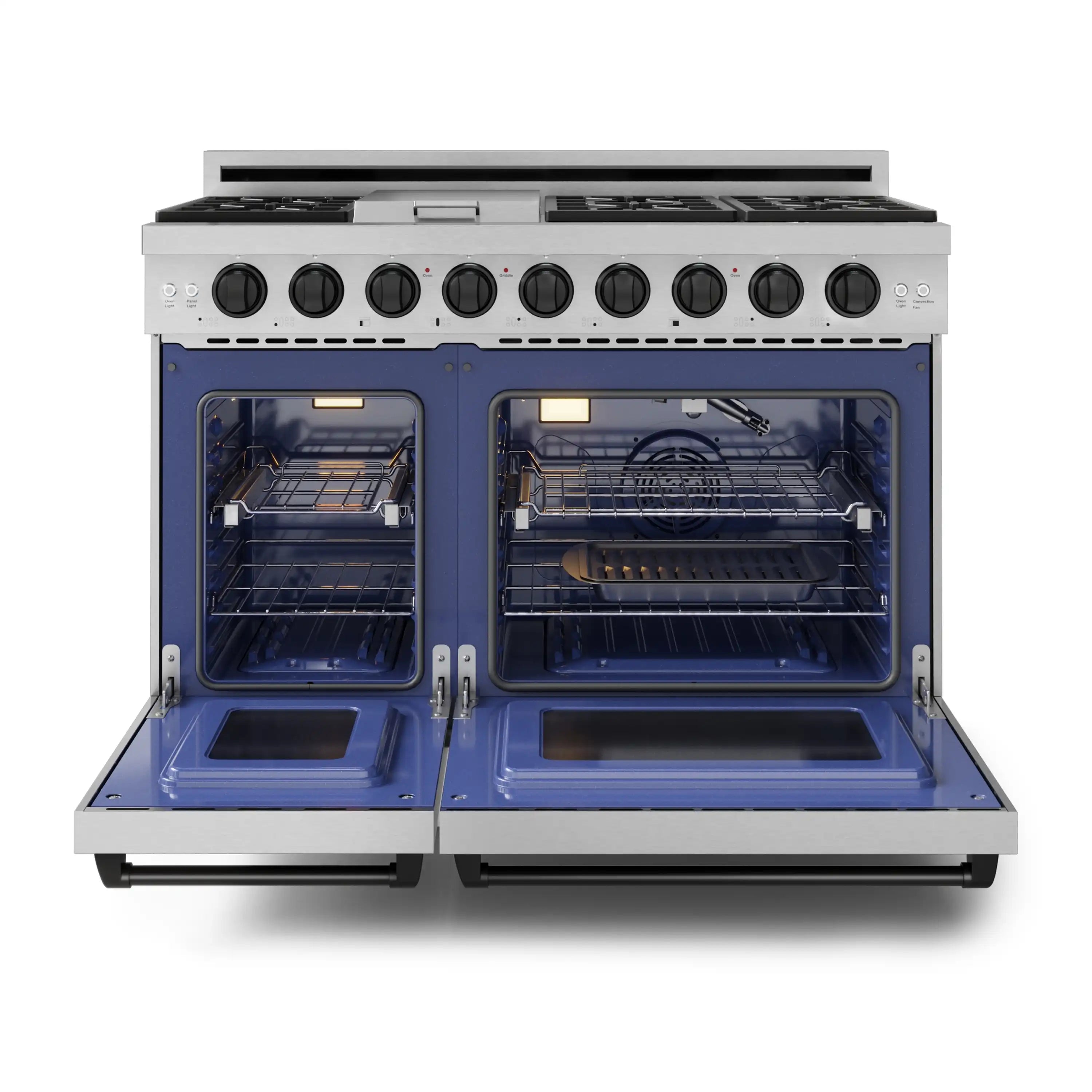 Stainless steel gas range with open double ovens, showing racks inside.