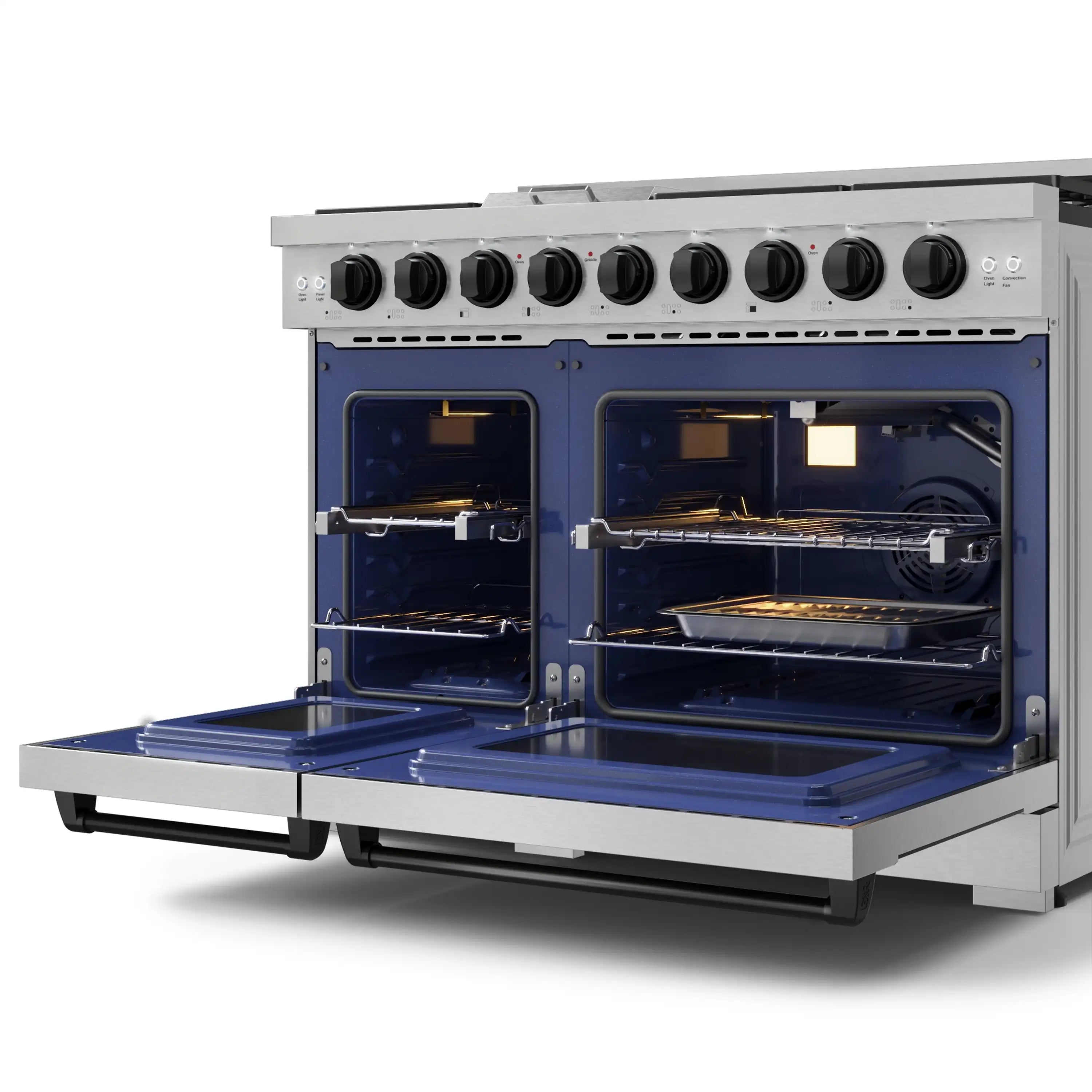 Stainless steel gas range with open double ovens and pull-down burners, angled view.