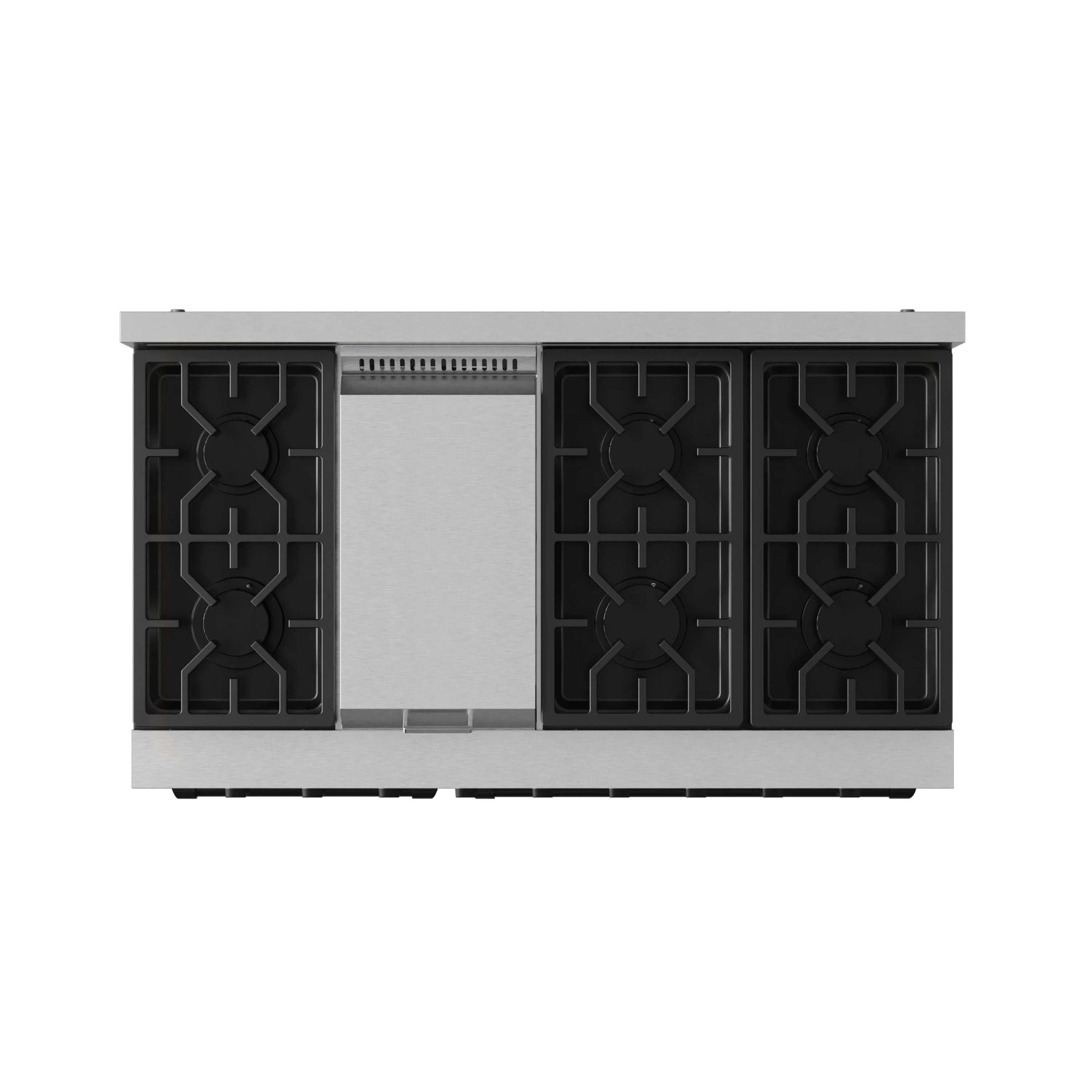 Stainless gas range cooktop with four black burner grates and central panel