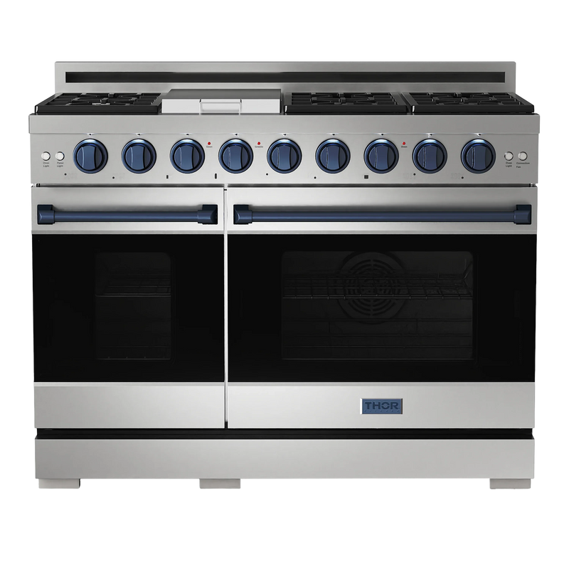 Thor Kitchen Gordon Ramsay 3-Piece Appliance Package - 48-Inch Gas Range with Double Oven, 36-Inch Refrigerator, and Dishwasher in Stainless Steel with Blue Trim