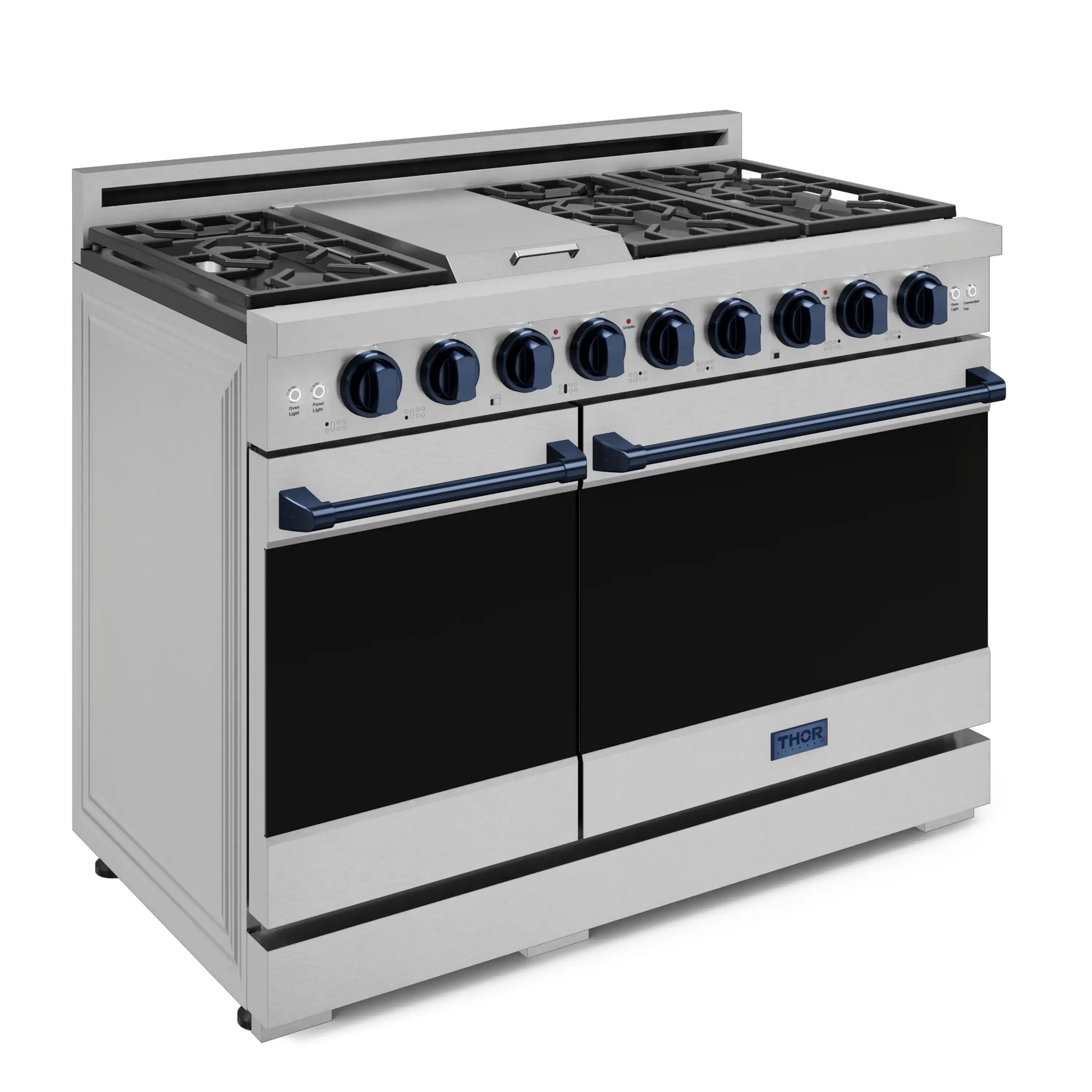 Stainless steel dual-oven gas range with blue trim and black oven doors