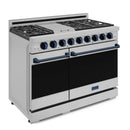 Gordon Ramsay by Thor Kitchen 4-Piece Appliance Package -  48-Inch Natural Gas Range, Wall Mount Range Hood, 36-Inch French Door Refrigerator, and Dishwasher in Stainless Steel with Blue Trim