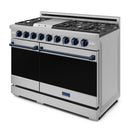 Gordon Ramsay by Thor Kitchen 4-Piece Appliance Package -  48-Inch Natural Gas Range, Wall Mount Range Hood, 36-Inch French Door Refrigerator, and Dishwasher in Stainless Steel with Blue Trim
