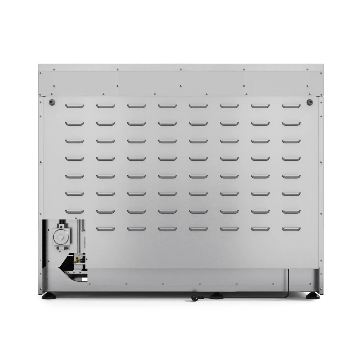 Double oven interior panel with vented metal back and left-side control area