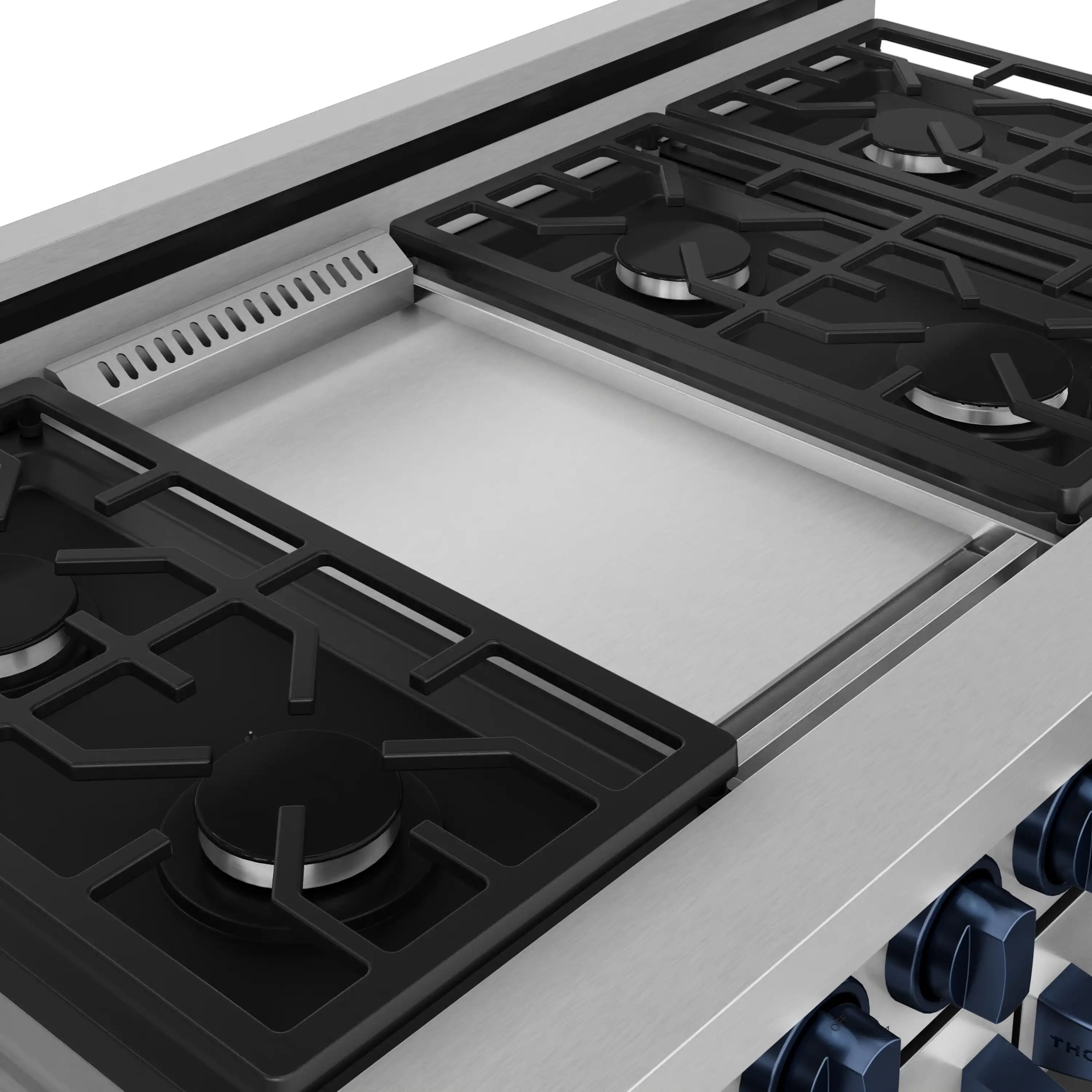 Stainless steel gas range cooktop with black burner grates and blue control trim