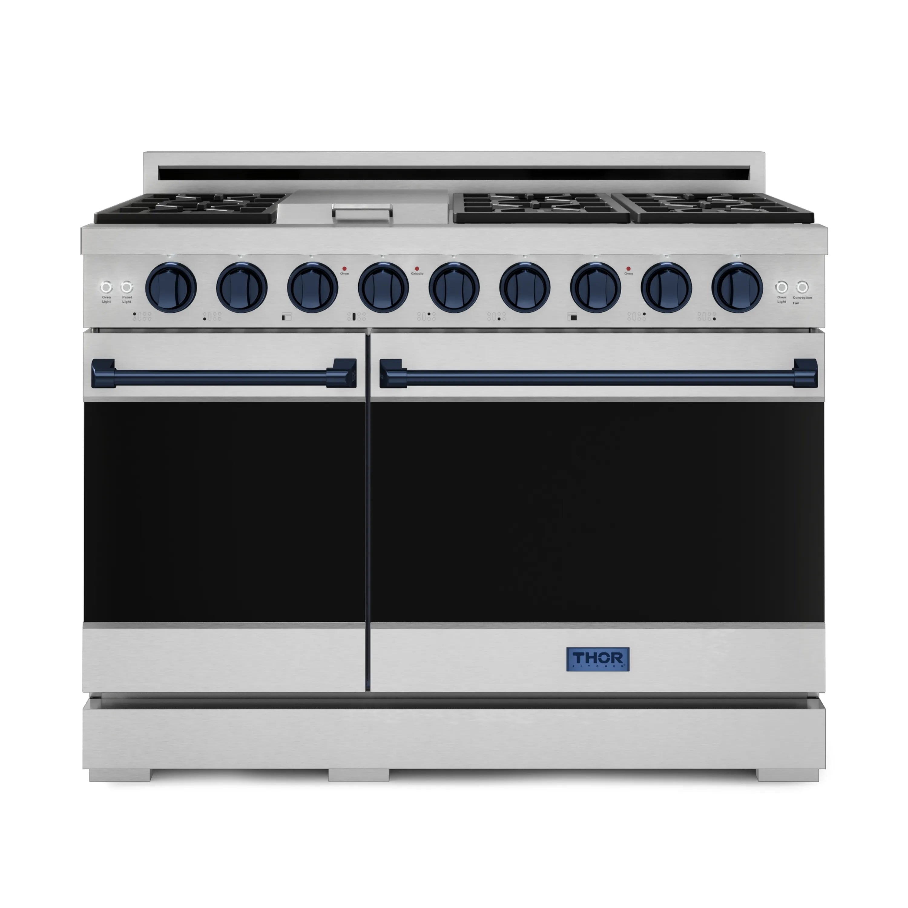 Stainless steel gas range with blue control knobs, grates, and double oven doors, THOR