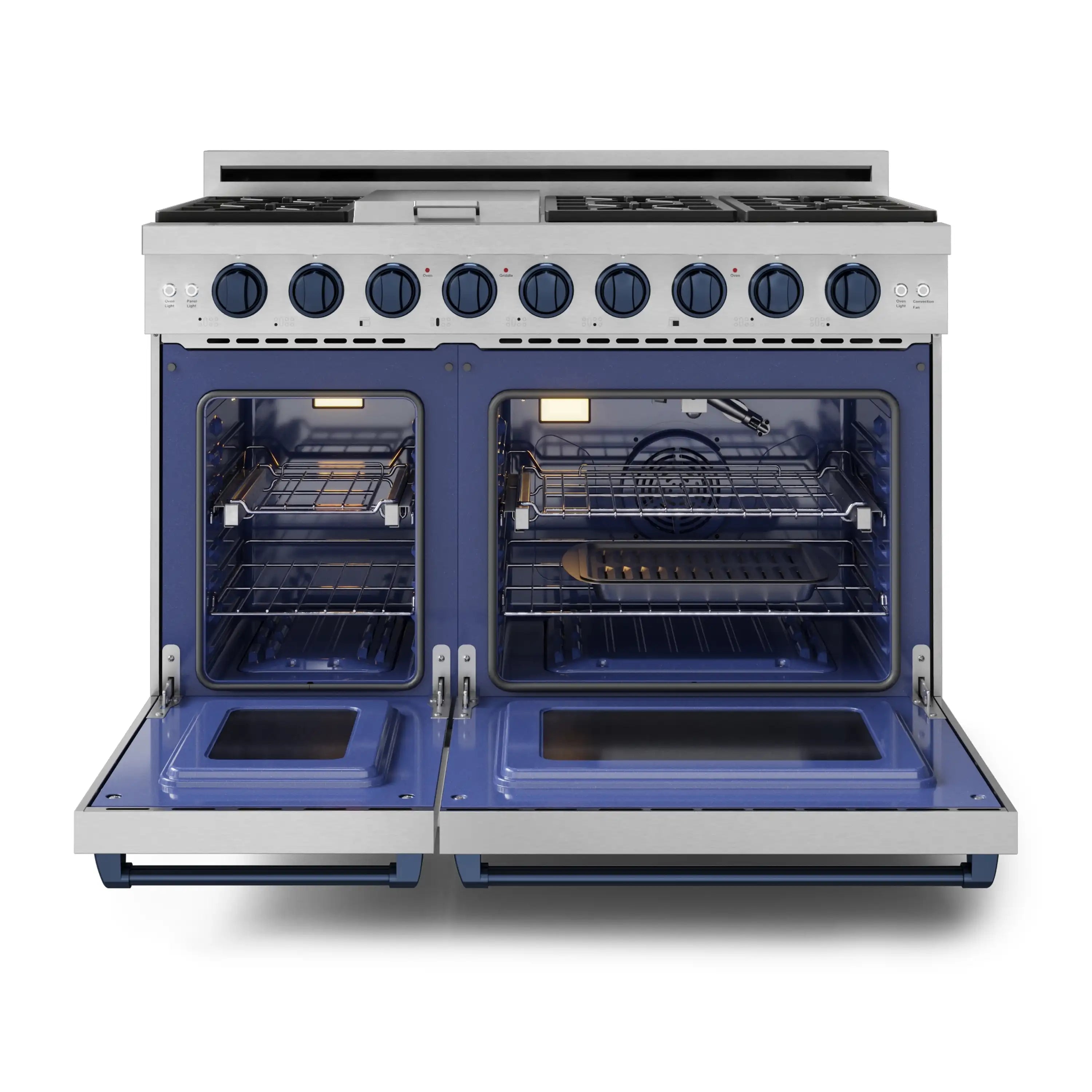 Stainless steel dual-oven gas range with both ovens open and blue interior