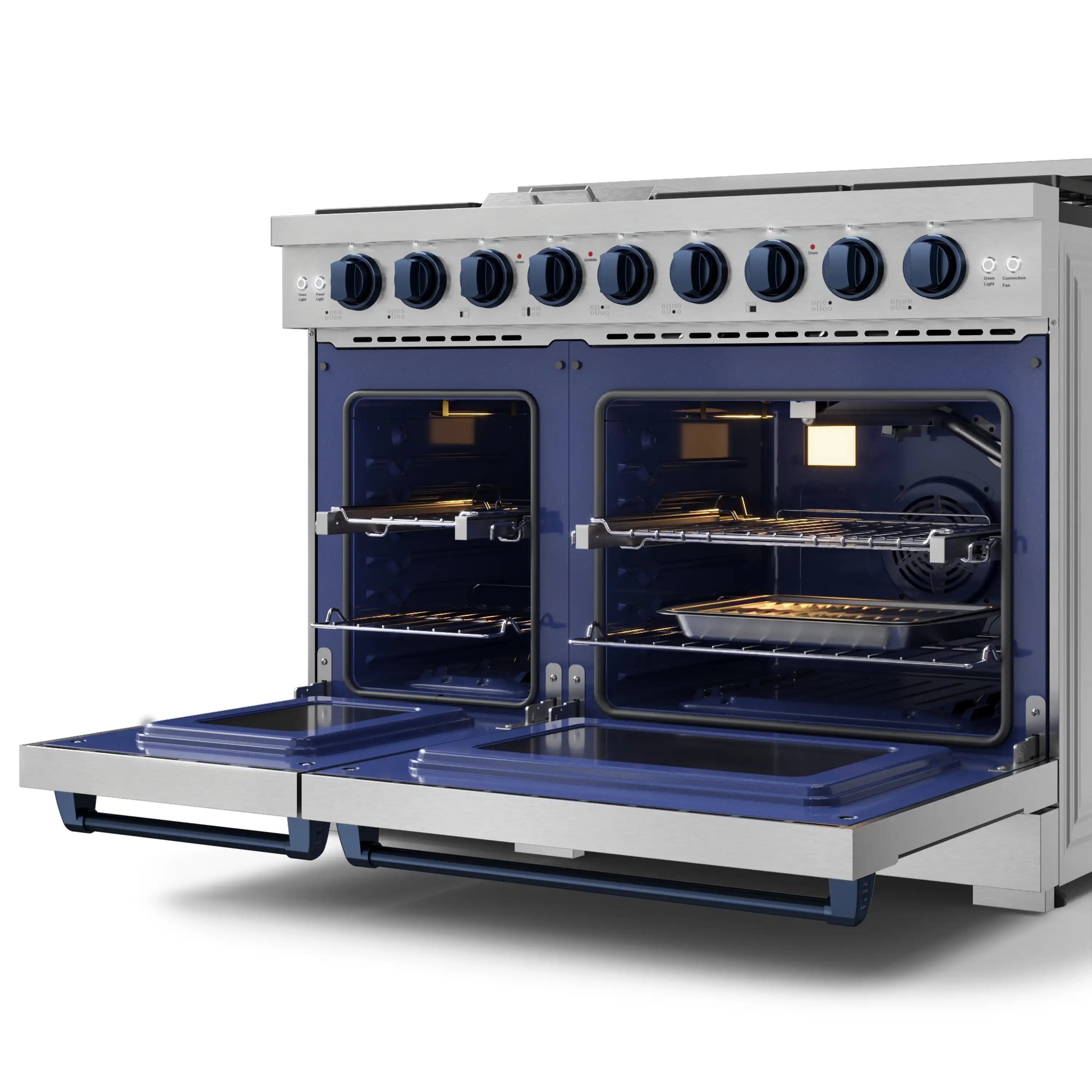 Stainless steel dual-oven gas range with open doors and blue oven liners