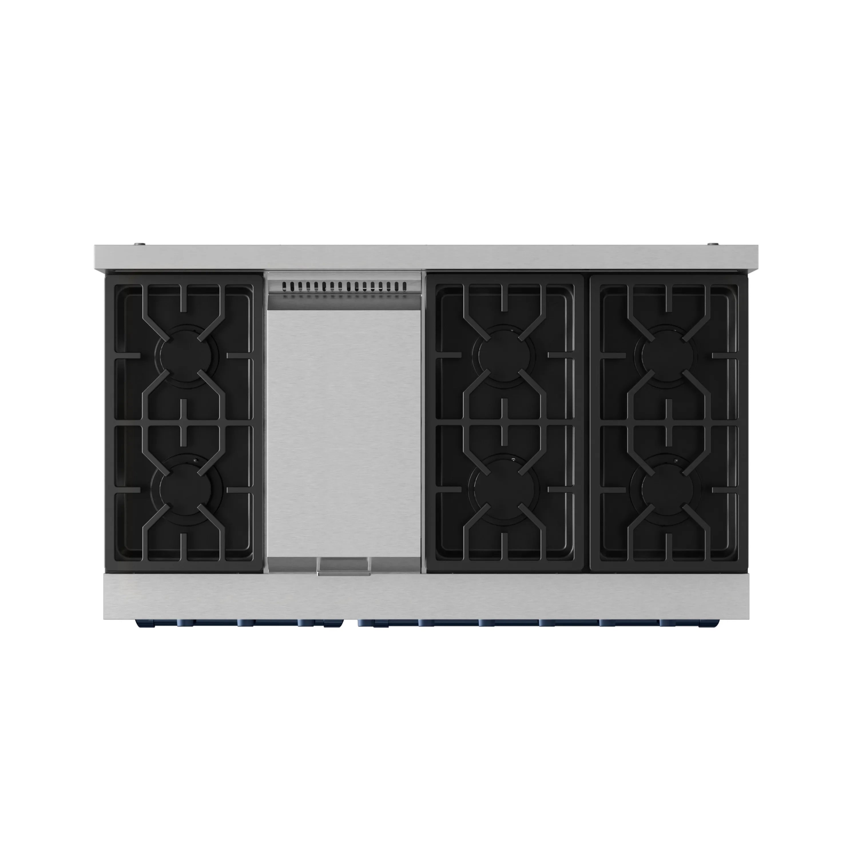 Stainless range storage drawer with black side grate panels