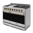 Gordon Ramsay by Thor Kitchen 4-Piece Appliance Package -  48-Inch Propane Gas Range, Wall Mount Range Hood, 36-Inch French Door Refrigerator, and Dishwasher in Stainless Steel with Bronze Trim